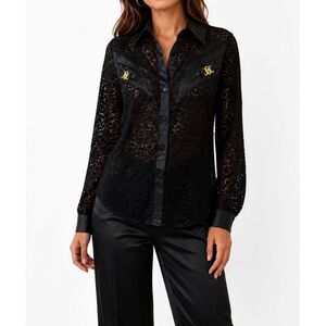 Vtg Black Sheer Lace & Satin Button Front Blouse Goth Whimsygoth BAROQUE Small